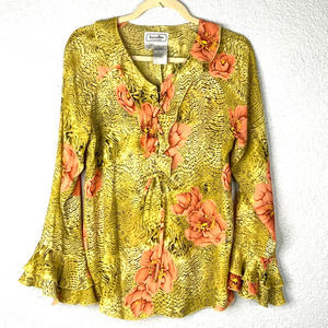 Barcellini Blouse 12 Womens Gold Floral Animal Print Lace Up Ruffle Neck Sleeve